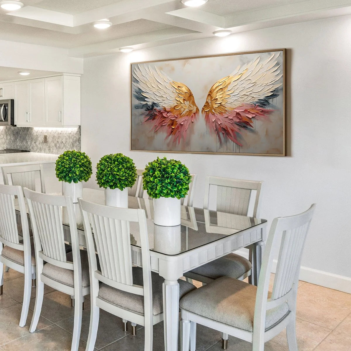 SERAPH'S GRACE: Angelic Wings Impasto Oil Painting | gold frame stretched on neutral wall