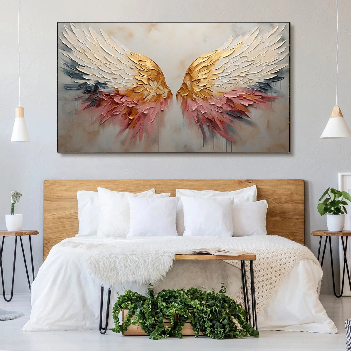 SERAPH'S GRACE: Angelic Wings Impasto Oil Painting | black frame version on white wall