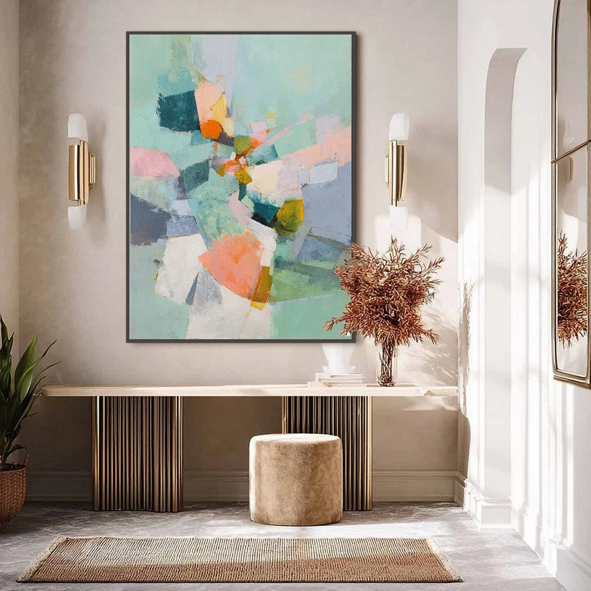 SERENDIPITY: Colorful Modern Abstract Composition Painting | gold frame stretched on neutral wall