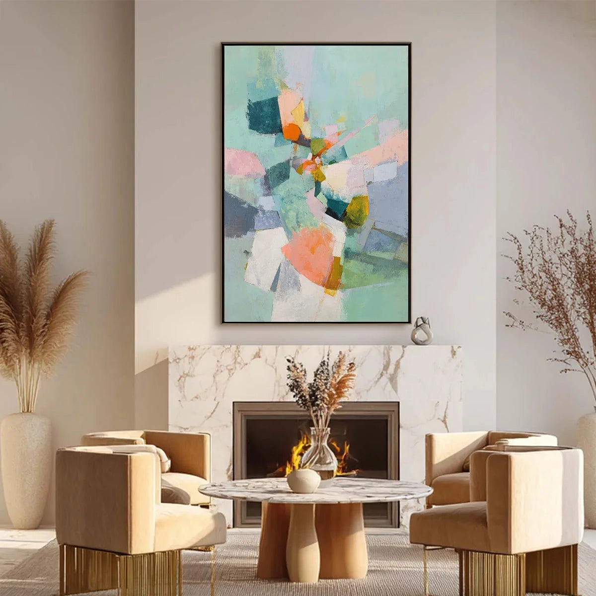 SERENDIPITY: Colorful Modern Abstract Composition Painting | black frame version on white wall