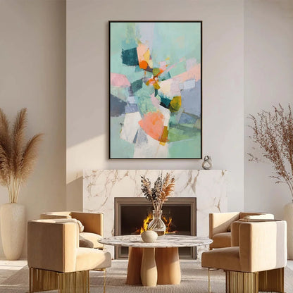 SERENDIPITY: Colorful Modern Abstract Composition Painting | black frame version on white wall