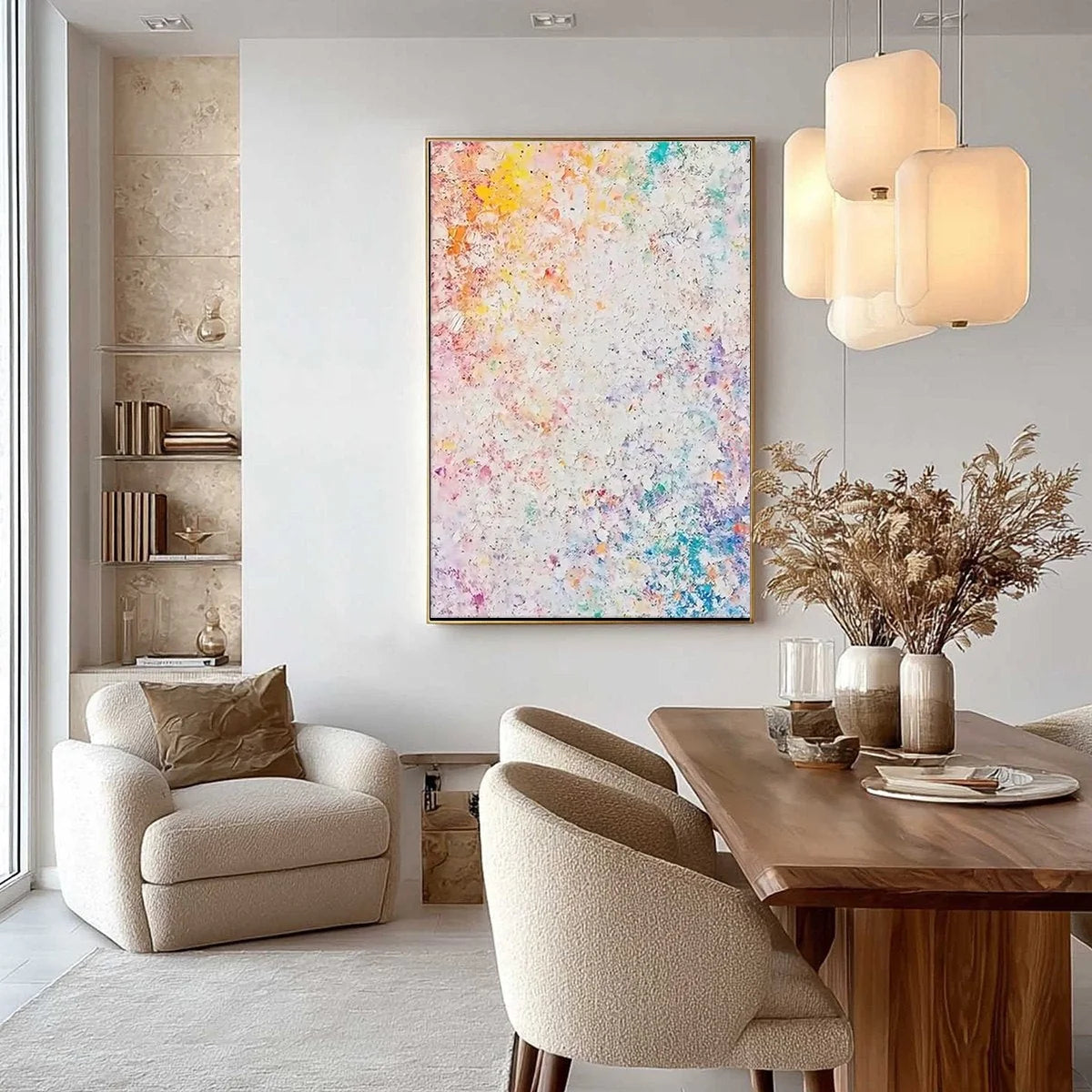 SERENDIPITY: Colorful Textured Abstract Vertical Oil Painting | gold frame stretched on neutral wall