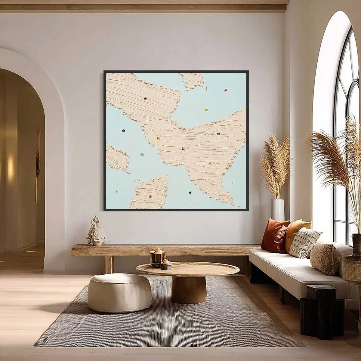 SERENDIPITY: Textured Minimalist Painting with Playful Impasto Details | black frame version on white wall