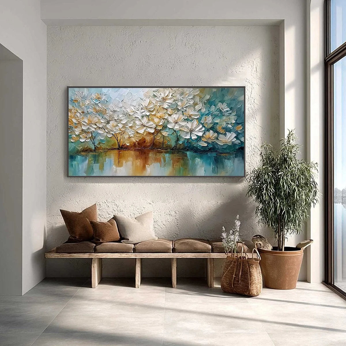 SERENE BLOOMS: Textured Floral Landscape Impasto Oil Painting | Landscape closeup, raised brushwork detail