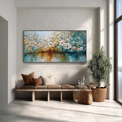SERENE BLOOMS: Textured Floral Landscape Impasto Oil Painting | Landscape closeup, raised brushwork detail