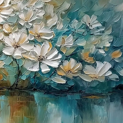 SERENE BLOOMS: Textured Floral Landscape Impasto Oil Painting | rectangular format, hand-painted canvas edge