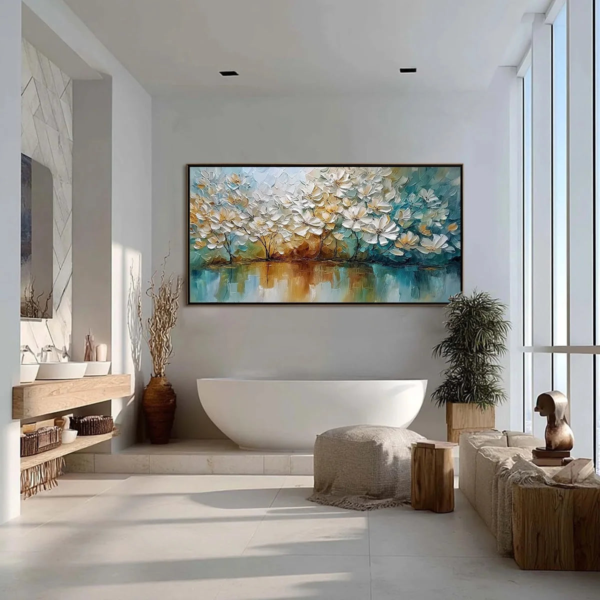 SERENE BLOOMS: Textured Floral Landscape Impasto Oil Painting | gold frame stretched on neutral wall