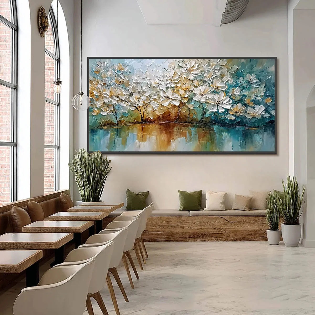 SERENE BLOOMS: Textured Floral Landscape Impasto Oil Painting | black frame version on white wall