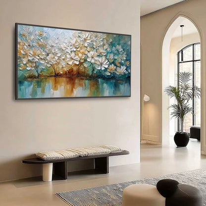 SERENE BLOOMS: Textured Floral Landscape Impasto Oil Painting | Landscape mood, soft natural light studio shot