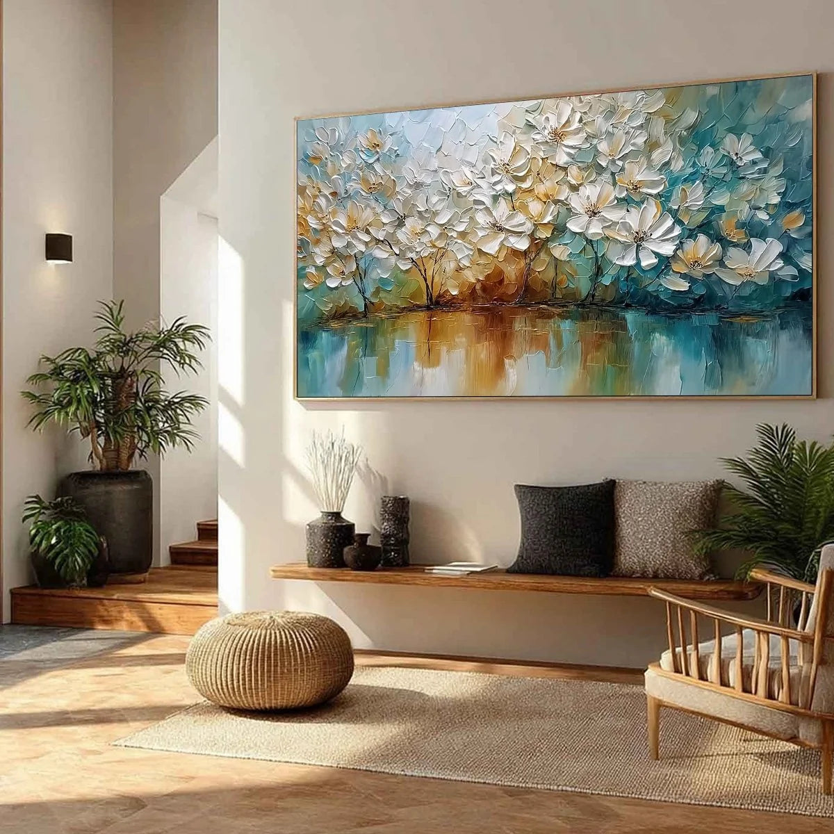 SERENE BLOOMS: Textured Floral Landscape Impasto Oil Painting | multi-color palette, original oil on stretched canvas art