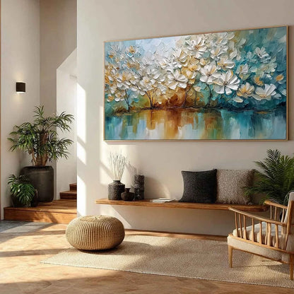 SERENE BLOOMS: Textured Floral Landscape Impasto Oil Painting | multi-color palette, original oil on stretched canvas art
