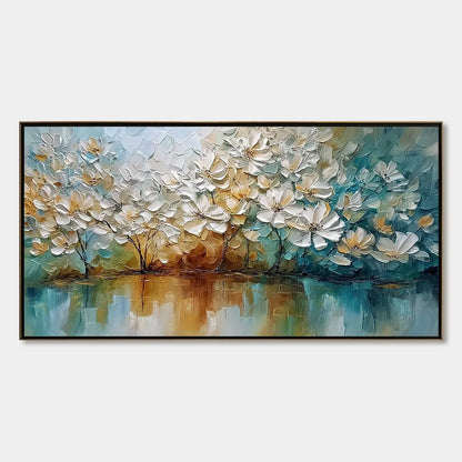 SERENE BLOOMS: Textured Floral Landscape Impasto Oil Painting | hanging in living room, Landscape wall art