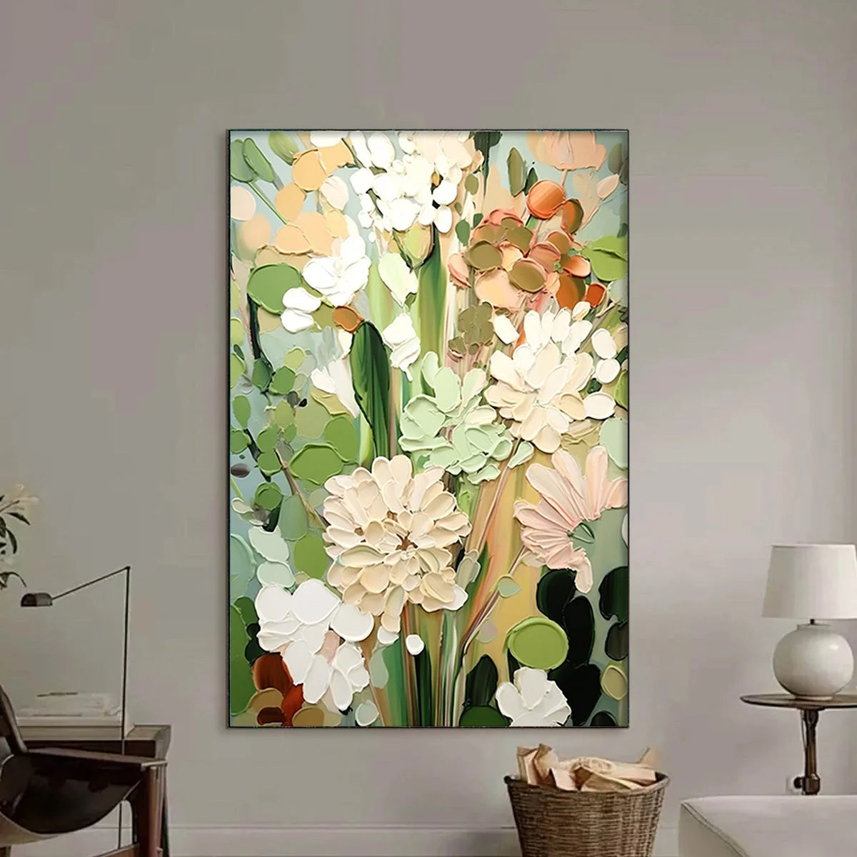 SERENE BLOSSOMS: Impressionist Floral Oil Painting | gold frame stretched on neutral wall