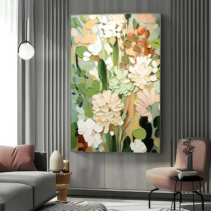 SERENE BLOSSOMS: Impressionist Floral Oil Painting | black frame version on white wall