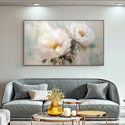 SERENE BLOSSOMS: Textured Floral Oil Painting in Soft White and Blush | Abstract closeup, raised brushwork detail