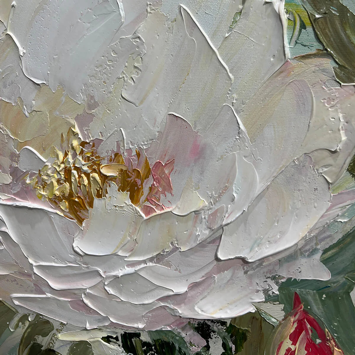 SERENE BLOSSOMS: Textured Floral Oil Painting in Soft White and Blush | rectangular format, hand-painted canvas edge