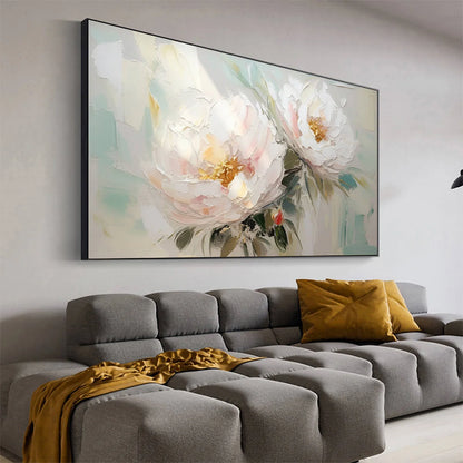 SERENE BLOSSOMS: Textured Floral Oil Painting in Soft White and Blush | gold frame stretched on neutral wall