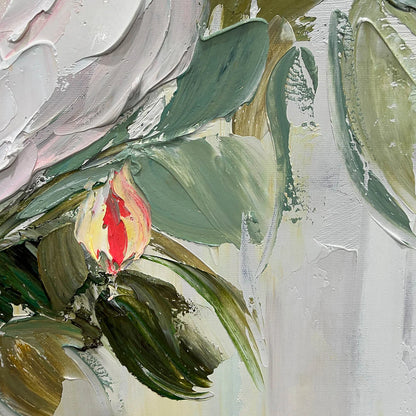 SERENE BLOSSOMS: Textured Floral Oil Painting in Soft White and Blush | rolled canvas, ready for custom framing