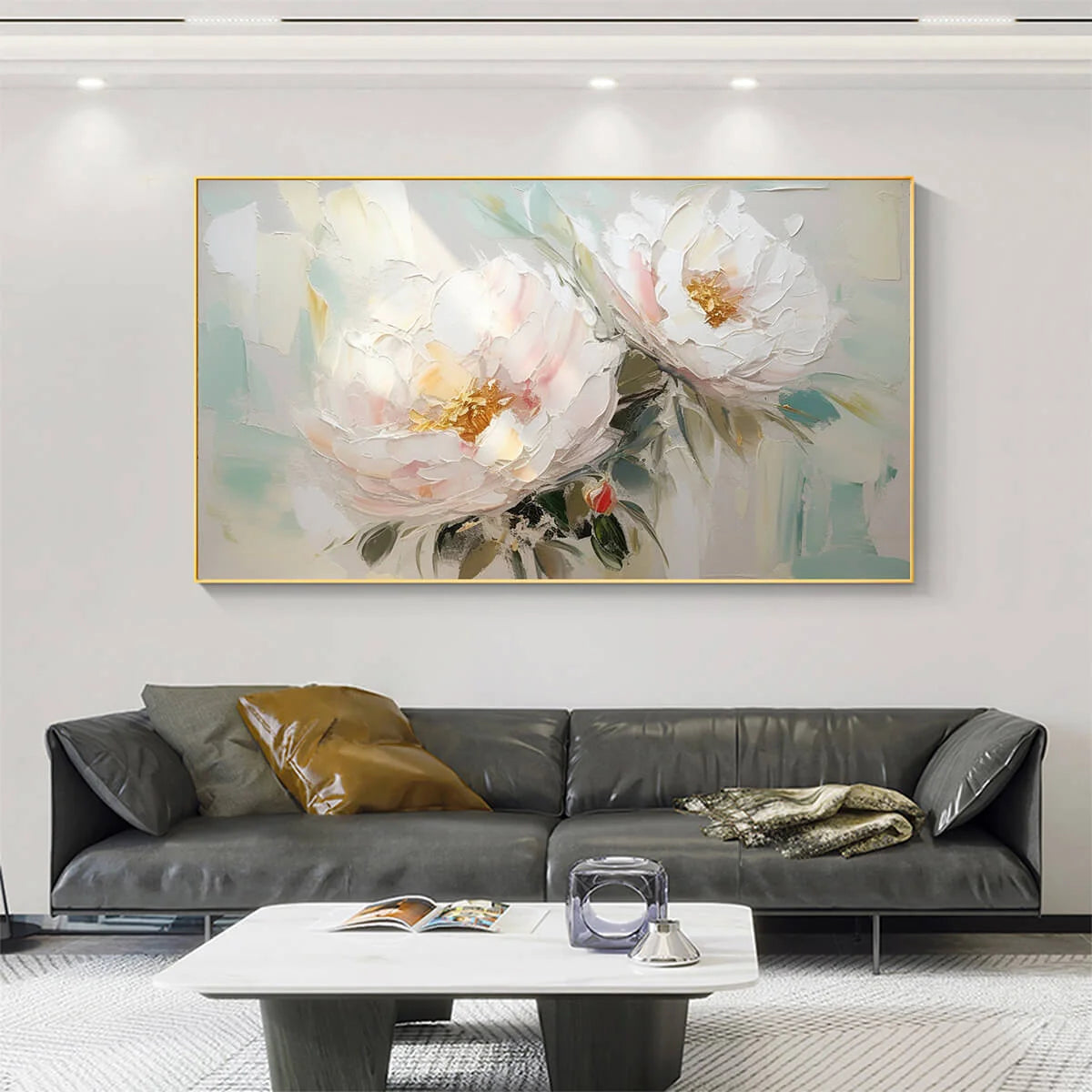 SERENE BLOSSOMS: Textured Floral Oil Painting in Soft White and Blush | black frame version on white wall