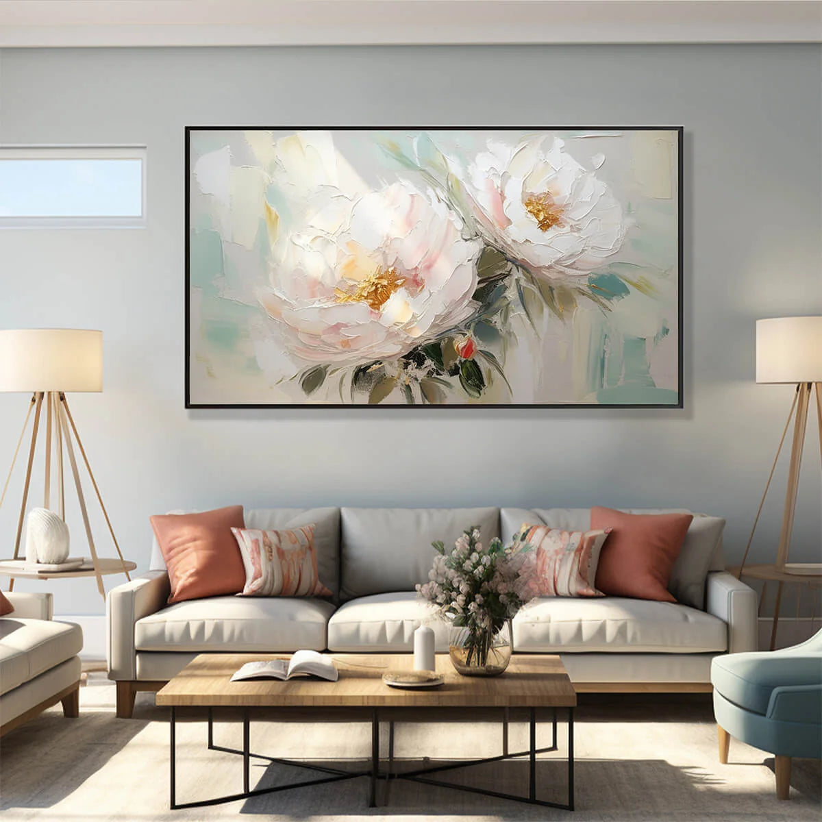 SERENE BLOSSOMS: Textured Floral Oil Painting in Soft White and Blush | Abstract mood, soft natural light studio shot