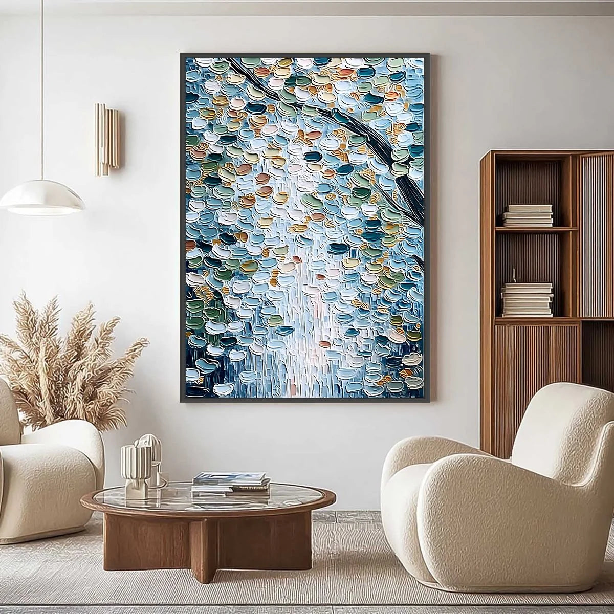 SERENE CASCADE: Textured Abstract Impasto Painting of Falling Leaves | Abstract closeup, raised brushwork detail