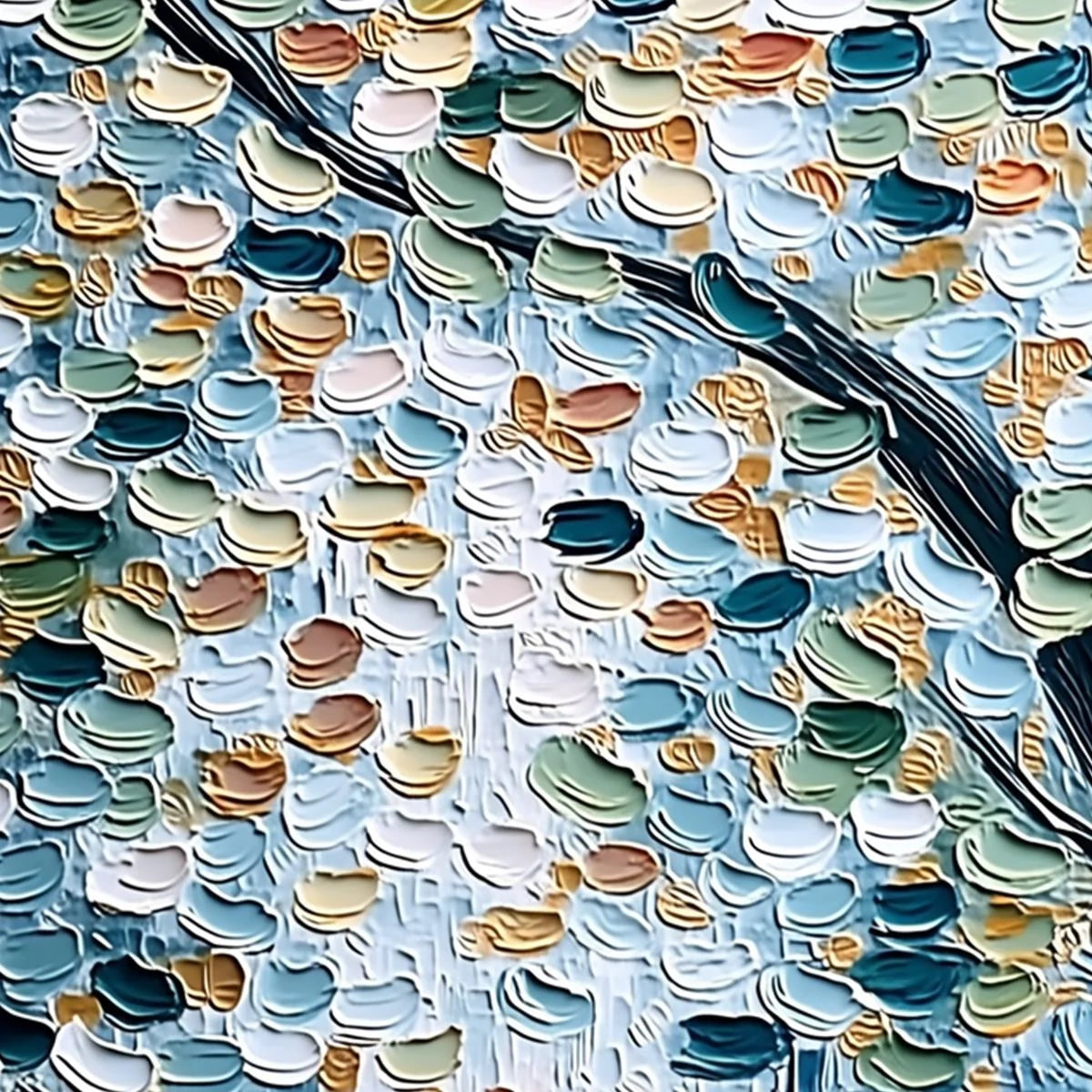 SERENE CASCADE: Textured Abstract Impasto Painting of Falling Leaves | rectangular format, hand-painted canvas edge