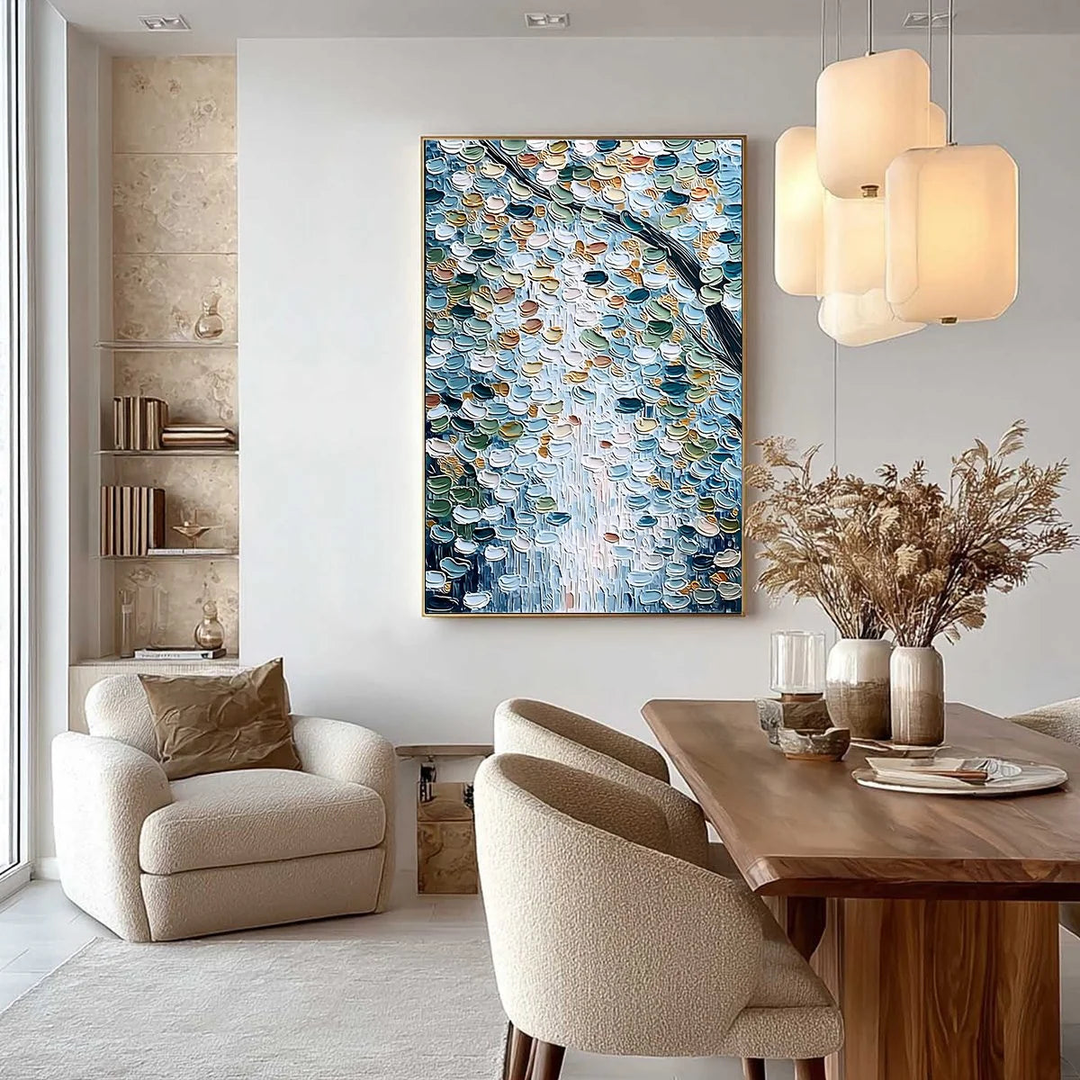 SERENE CASCADE: Textured Abstract Impasto Painting of Falling Leaves | gold frame stretched on neutral wall