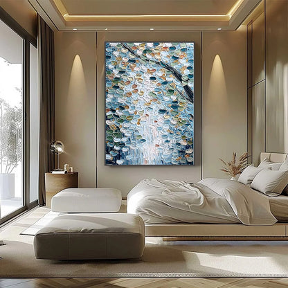 SERENE CASCADE: Textured Abstract Impasto Painting of Falling Leaves | black frame version on white wall