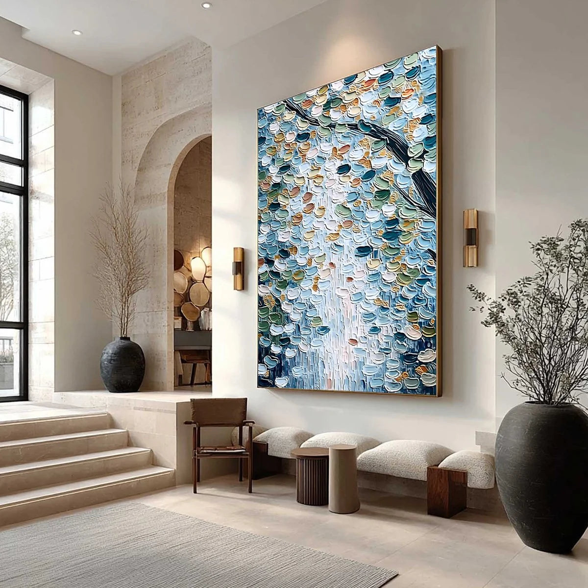 SERENE CASCADE: Textured Abstract Impasto Painting of Falling Leaves | Abstract mood, soft natural light studio shot