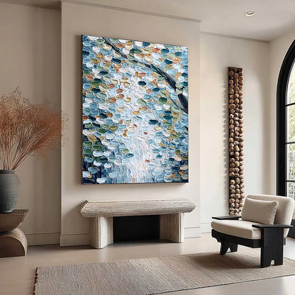 SERENE CASCADE: Textured Abstract Impasto Painting of Falling Leaves | multi-color palette, original oil on stretched canvas art
