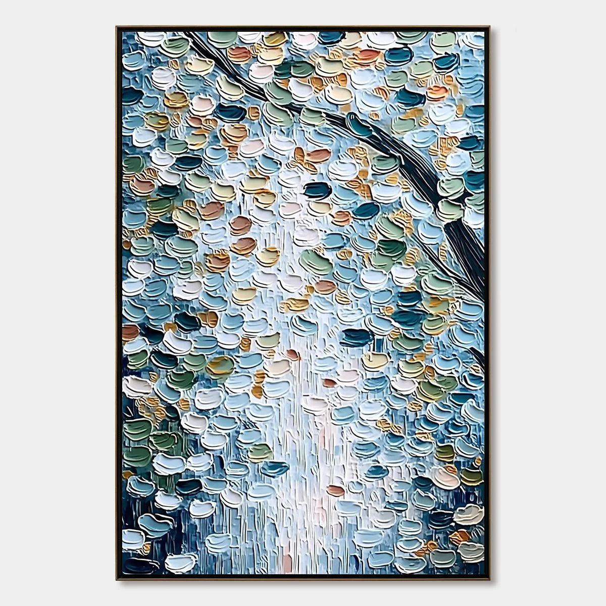 SERENE CASCADE: Textured Abstract Impasto Painting of Falling Leaves | hanging in living room, Abstract wall art