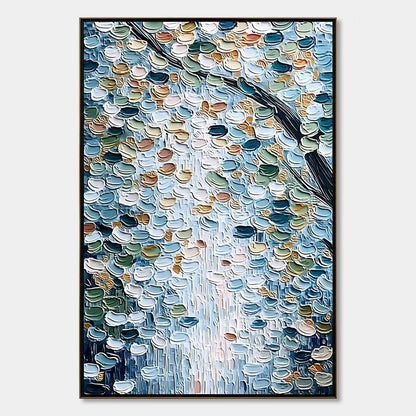 SERENE CASCADE: Textured Abstract Impasto Painting of Falling Leaves | hanging in living room, Abstract wall art