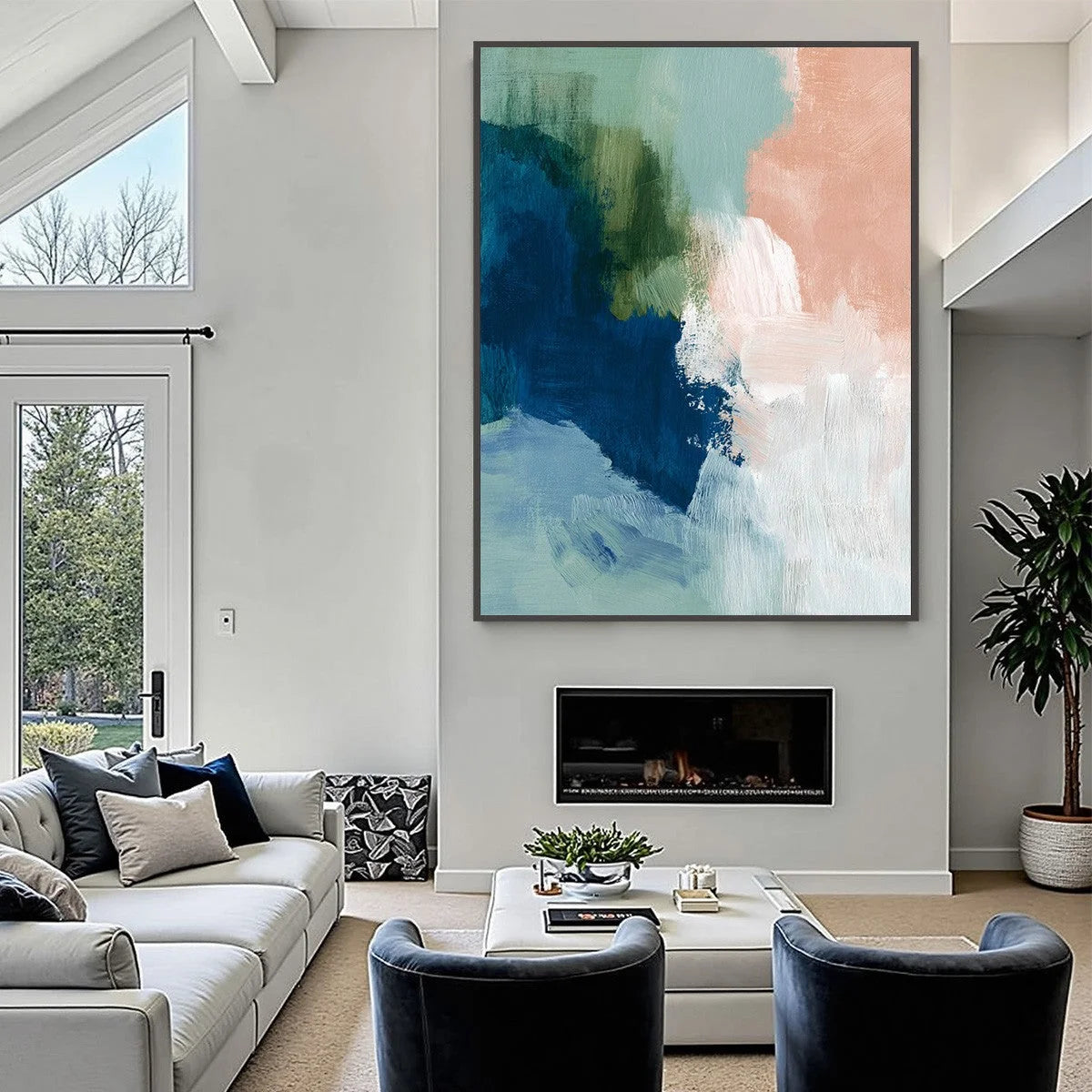 SERENE COLLISION: Modern Abstract Brushstroke Painting | gold frame stretched on neutral wall