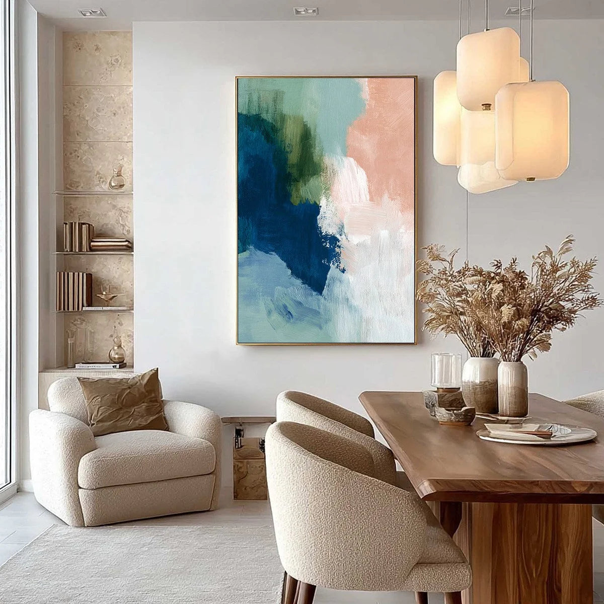 SERENE COLLISION: Modern Abstract Brushstroke Painting | black frame version on white wall