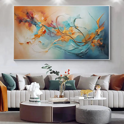 SERENE DAWN: Panoramic Abstract Teal and Gold Oil Painting | Abstract closeup, raised brushwork detail