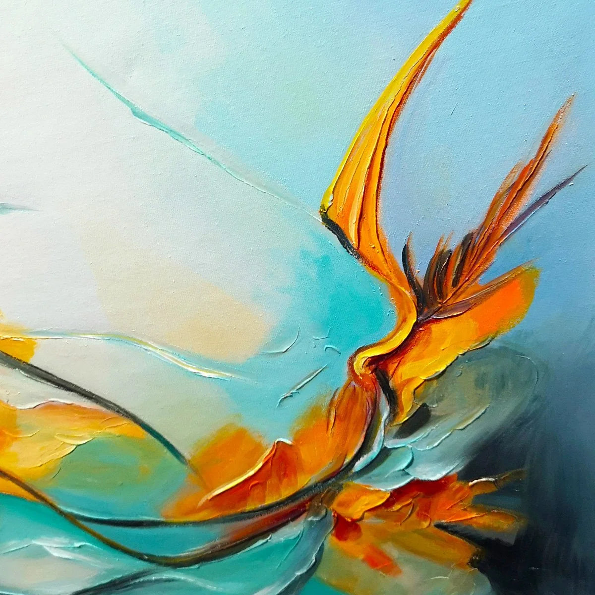 SERENE DAWN: Panoramic Abstract Teal and Gold Oil Painting | rectangular format, hand-painted canvas edge