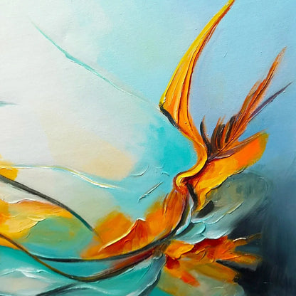 SERENE DAWN: Panoramic Abstract Teal and Gold Oil Painting | rectangular format, hand-painted canvas edge