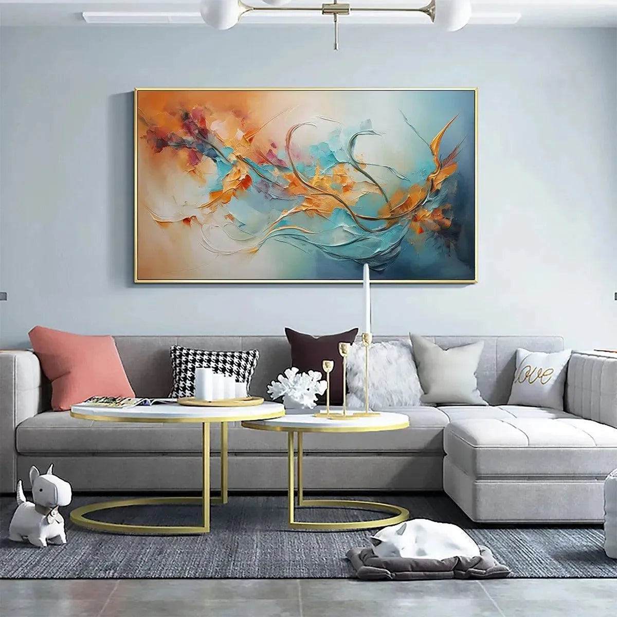 SERENE DAWN: Panoramic Abstract Teal and Gold Oil Painting | gold frame stretched on neutral wall
