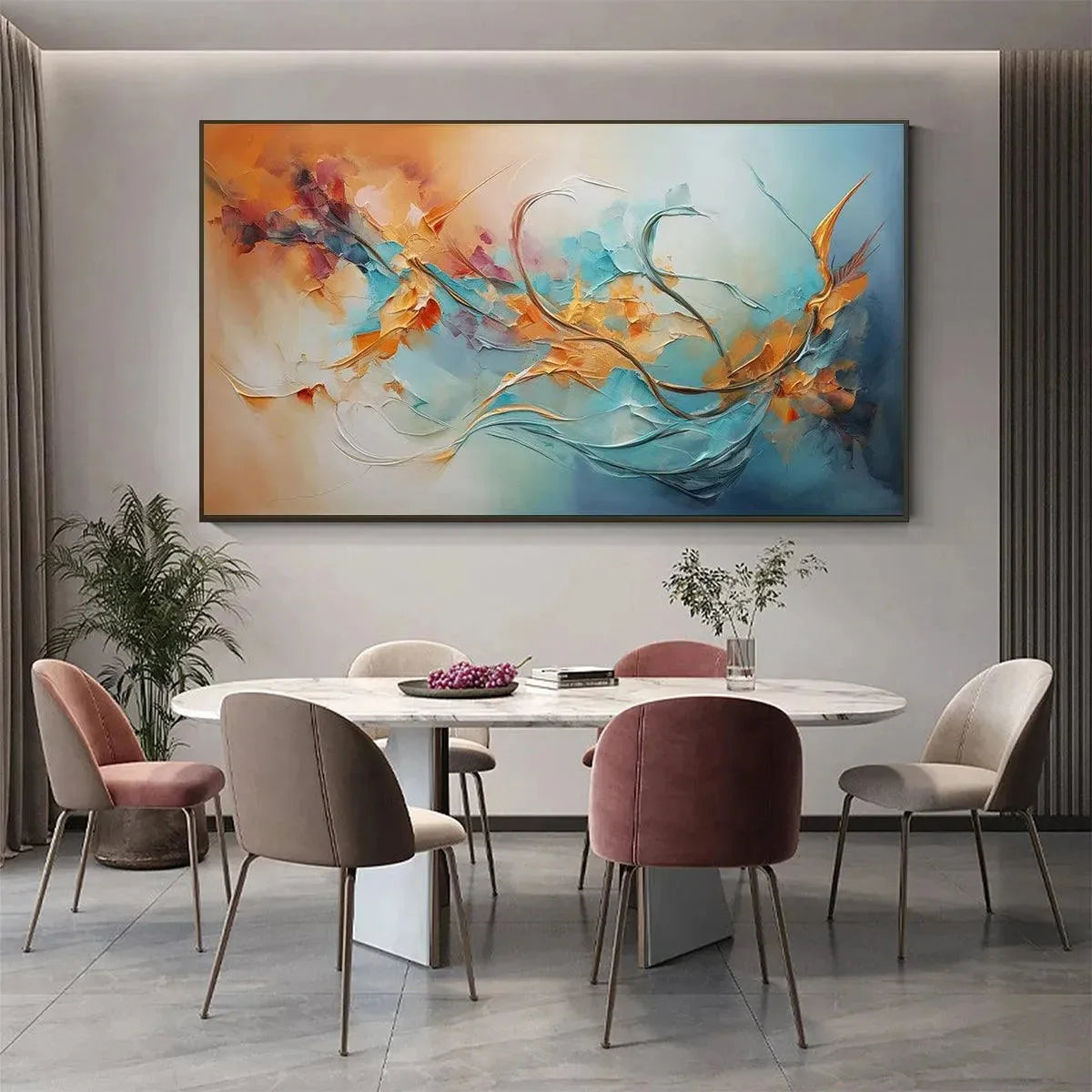 SERENE DAWN: Panoramic Abstract Teal and Gold Oil Painting | rolled canvas, ready for custom framing
