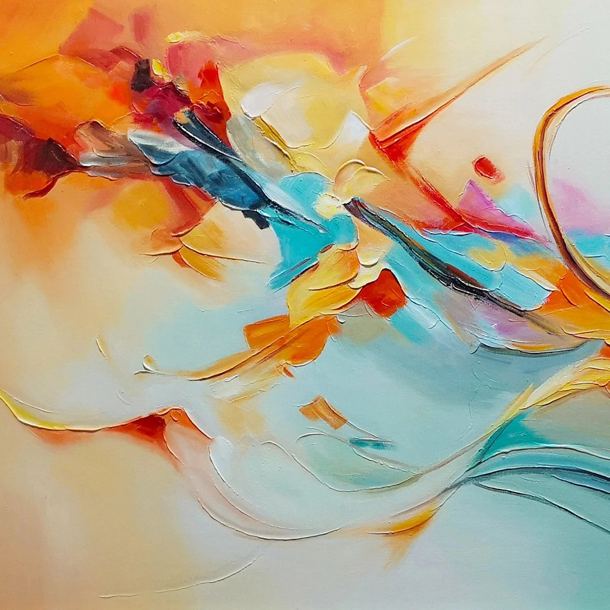 SERENE DAWN: Panoramic Abstract Teal and Gold Oil Painting | black frame version on white wall