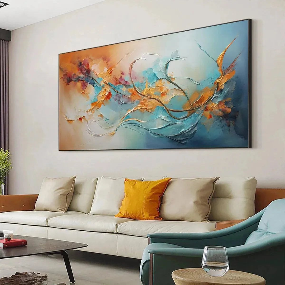 SERENE DAWN: Panoramic Abstract Teal and Gold Oil Painting | Abstract mood, soft natural light studio shot
