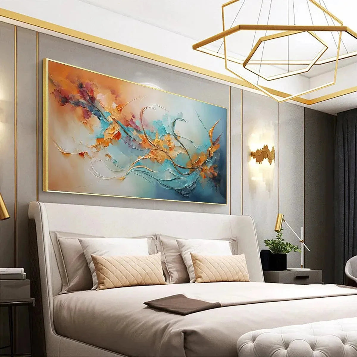 SERENE DAWN: Panoramic Abstract Teal and Gold Oil Painting | green palette, original oil on stretched canvas art