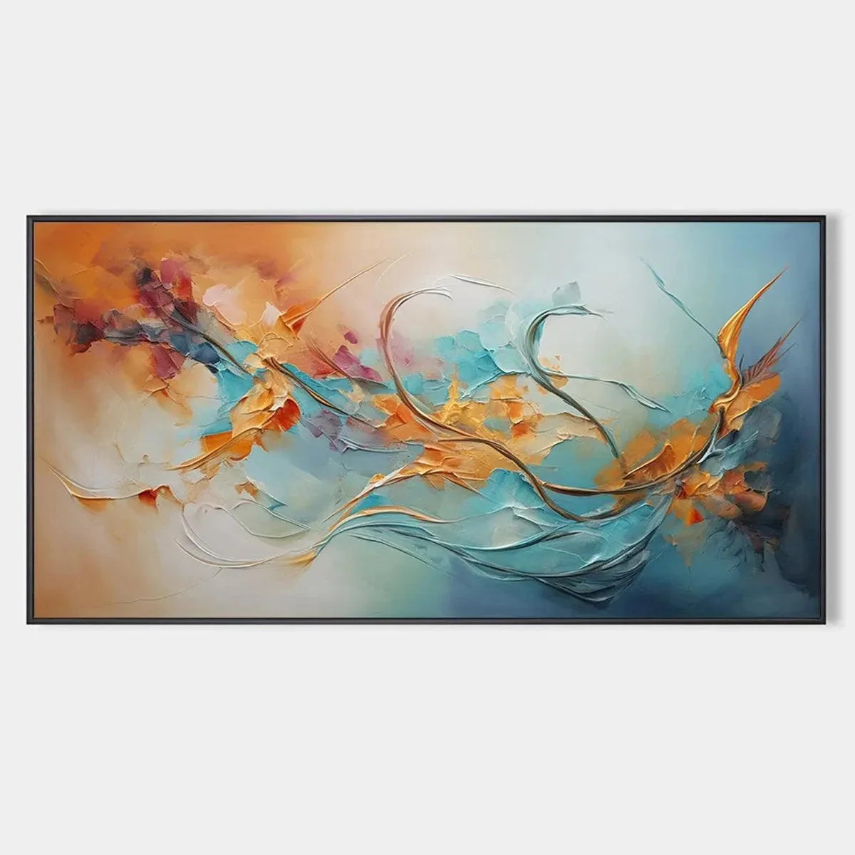 SERENE DAWN: Panoramic Abstract Teal and Gold Oil Painting | hanging in living room, Abstract wall art