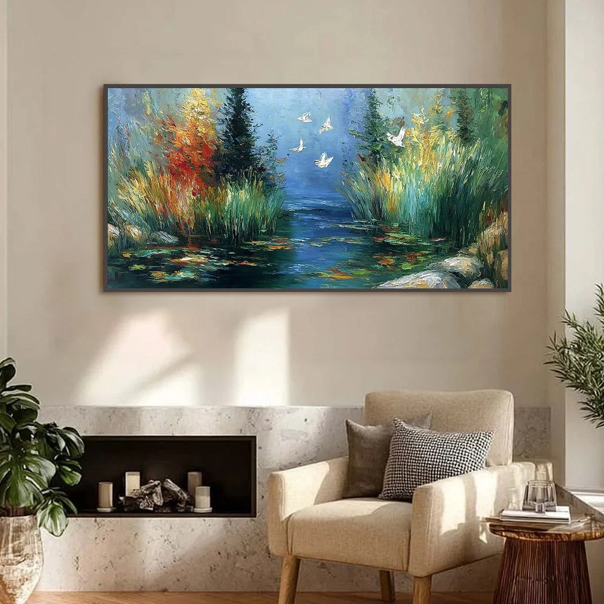 SERENE FLIGHT: Textured Impasto Landscape Painting of a River Sanctuary | Landscape closeup, raised brushwork detail