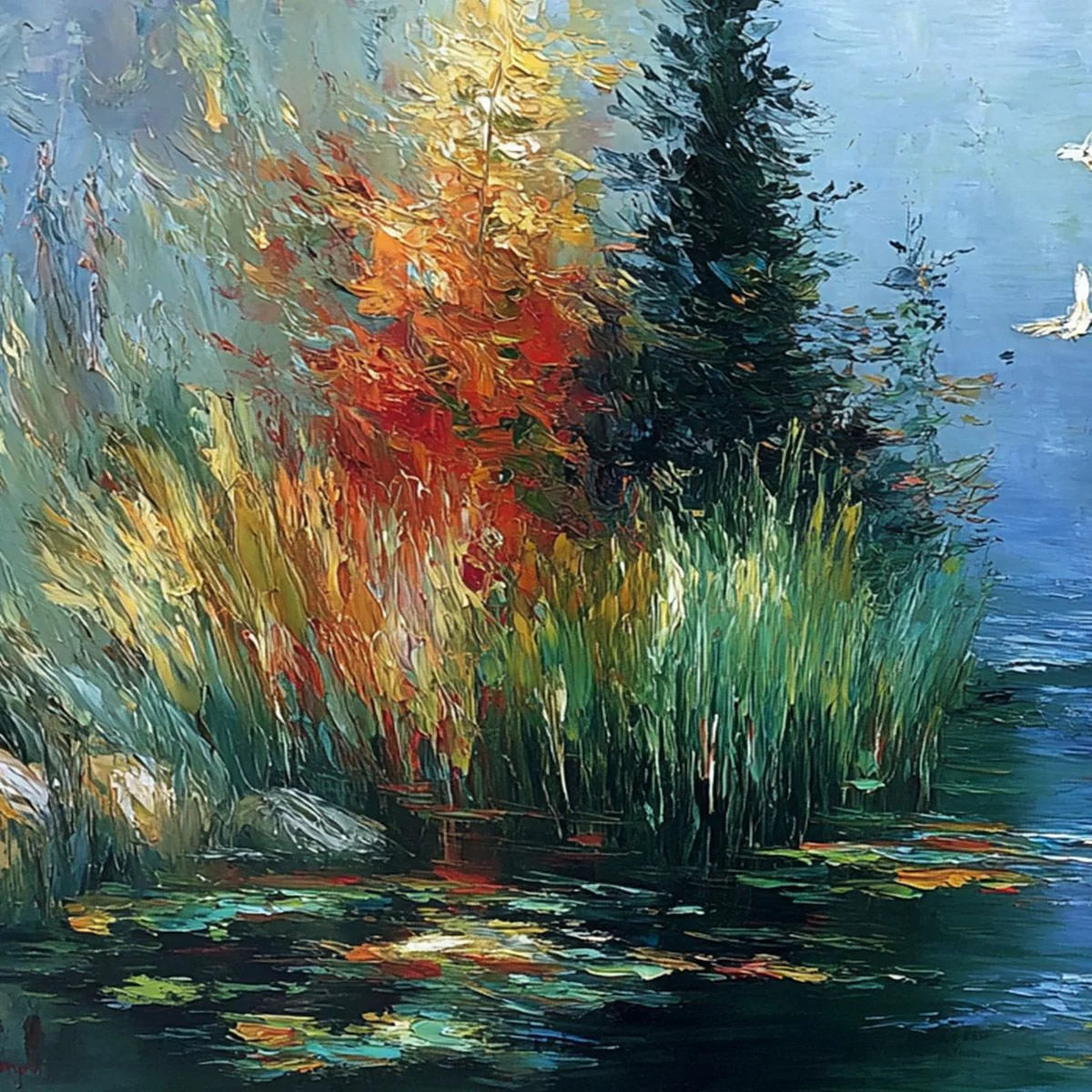 SERENE FLIGHT: Textured Impasto Landscape Painting of a River Sanctuary | rectangular format, hand-painted canvas edge
