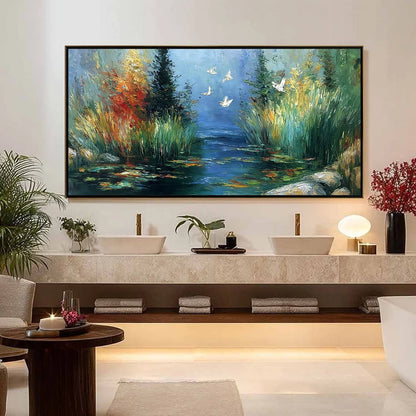 SERENE FLIGHT: Textured Impasto Landscape Painting of a River Sanctuary | gold frame stretched on neutral wall
