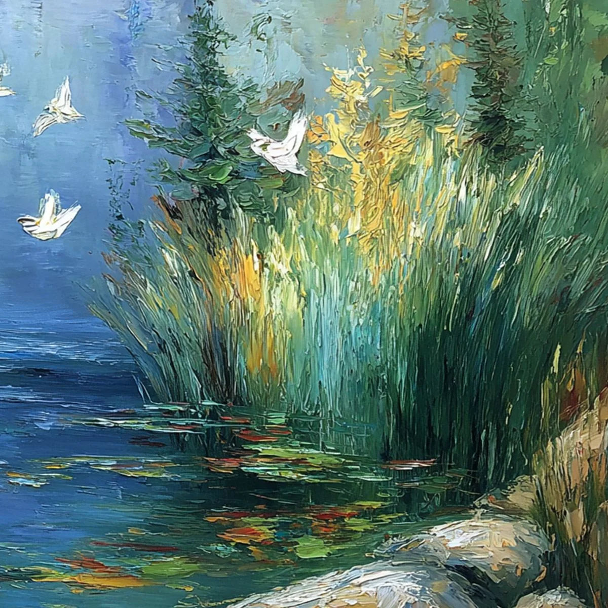 SERENE FLIGHT: Textured Impasto Landscape Painting of a River Sanctuary | rolled canvas, ready for custom framing