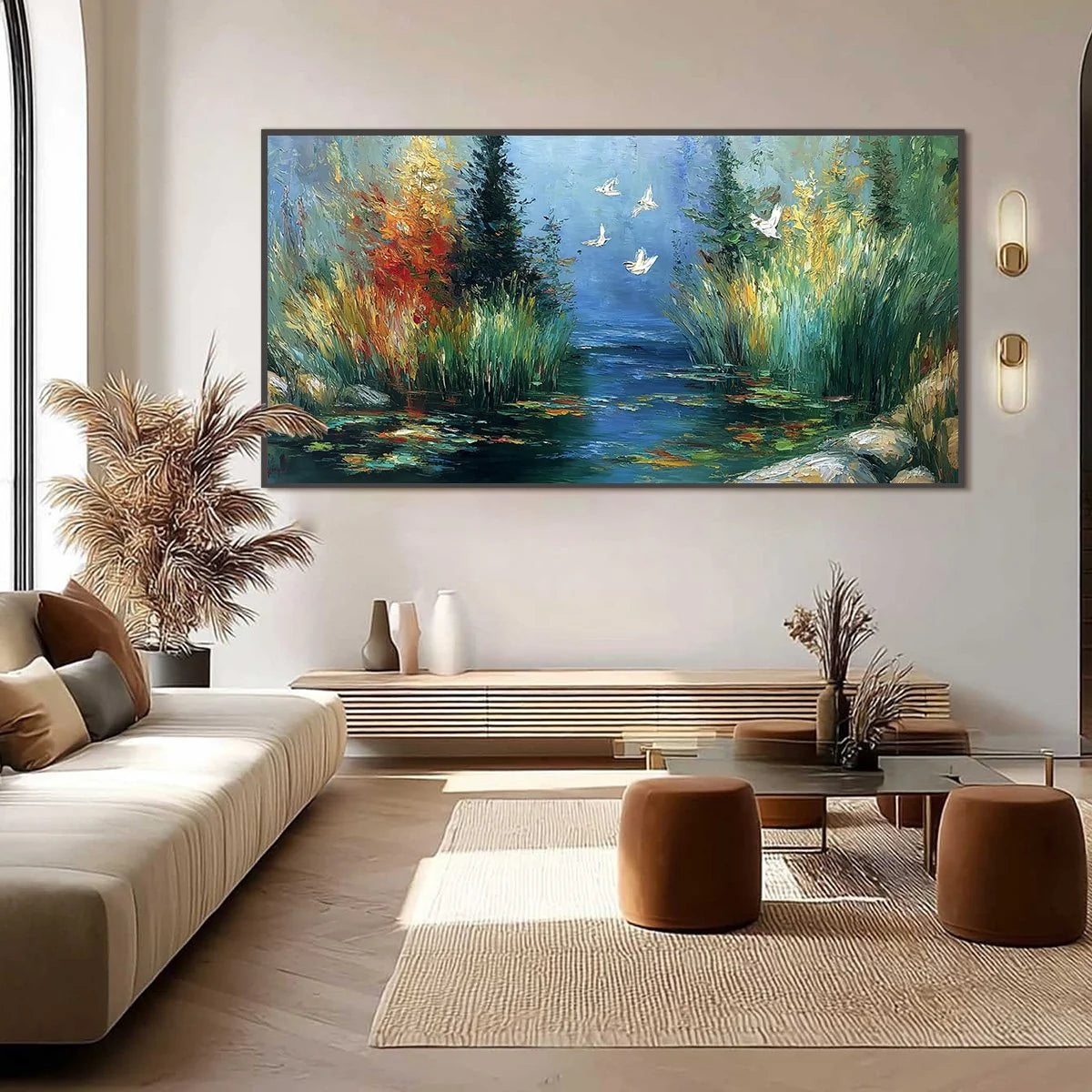 SERENE FLIGHT: Textured Impasto Landscape Painting of a River Sanctuary | black frame version on white wall