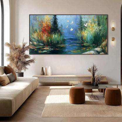 SERENE FLIGHT: Textured Impasto Landscape Painting of a River Sanctuary | black frame version on white wall
