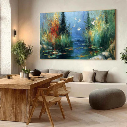 SERENE FLIGHT: Textured Impasto Landscape Painting of a River Sanctuary | Landscape mood, soft natural light studio shot